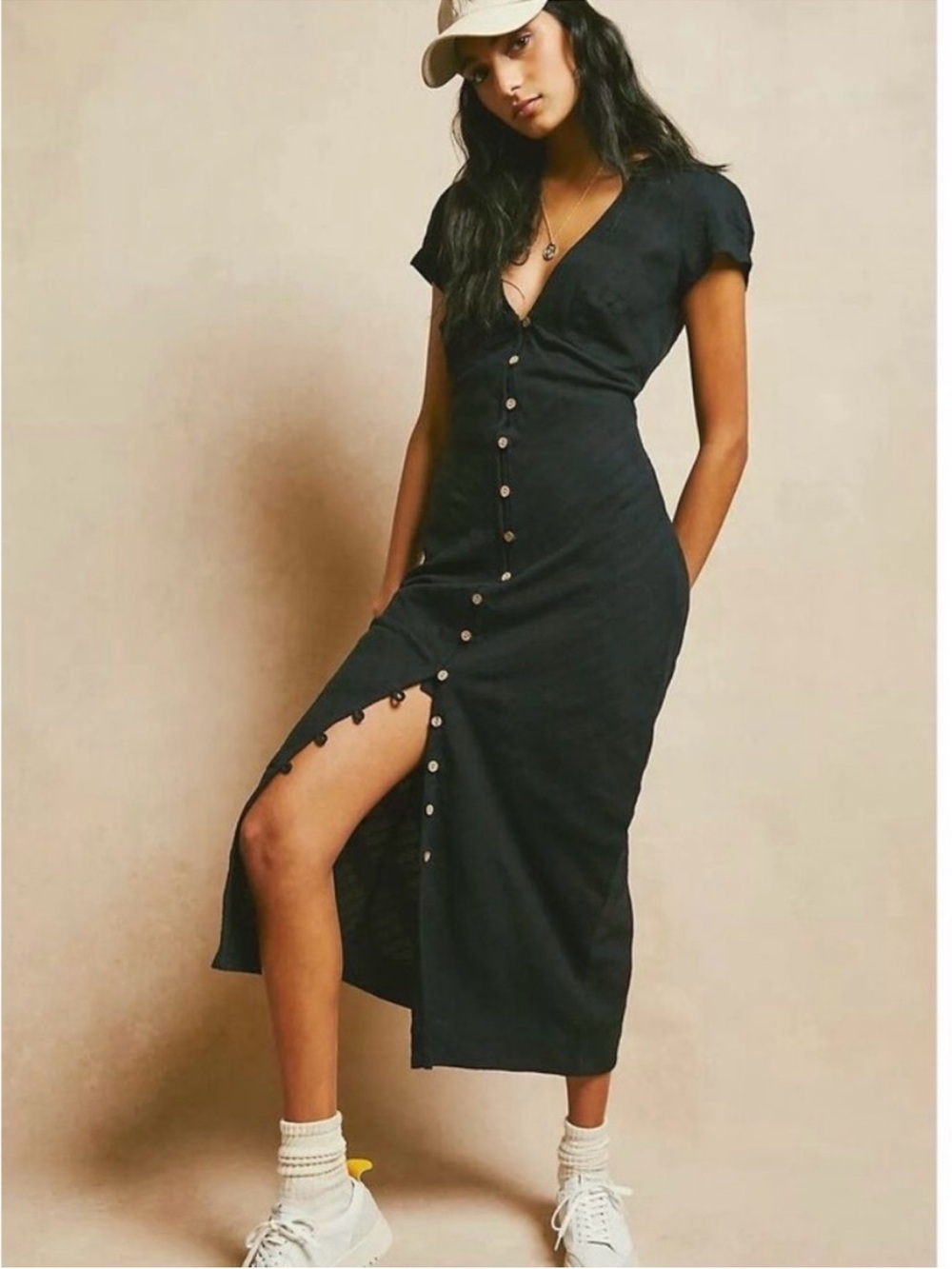 Free People New In Town Black Button-Front Midi Dress 100% Cotton - Picture 2 of 4